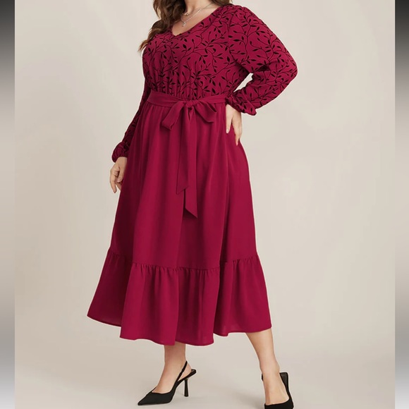 Plant Print Lantern Sleeve Pocket Belted Ruffles Hem Dress - Picture 5 of 5